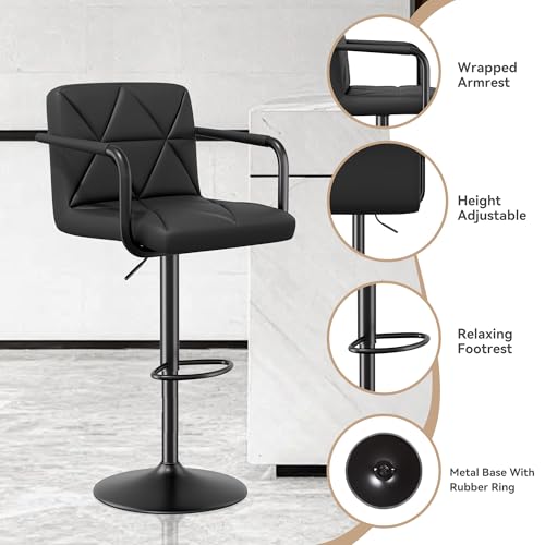 Butacos modernos ajustables Hatchsun, set de 2 taburetes giratorios para barra con respaldo, brazos y reposapiés, altura ajustable de 23,5 a 32,5 pulgadas, capacidad de 300 libras (Negro) miniatura 4