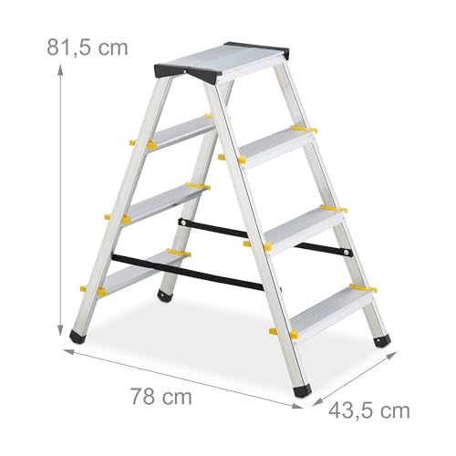 Relaxdays Trittleiter klappbar, 4 Stufen, Aluminium, 150 kg, beidseitig begehbar, H x B x T: 81,5 x 43,5 x 78 cm, Silber