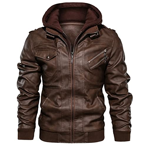 CARWORNIC Men's Faux Leather Jacket Casual Brown Motorcycle Jacket with Removable Hood2