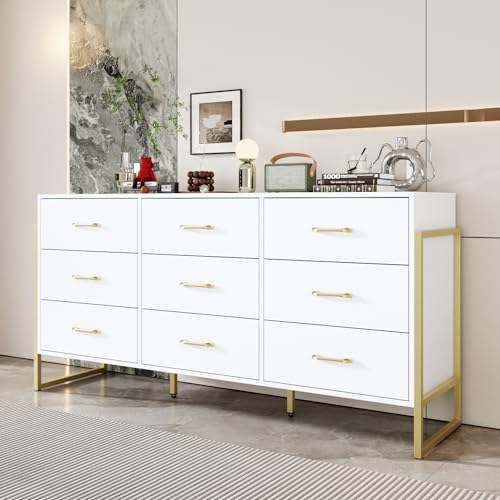 WOODTIME Modern 9 Drawer Dresser with Metal Legs, 61.4