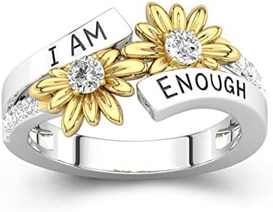 Daisy Flower Band Rings for Women Girls I AM Enough Encouragement Inpiration Mantra Graduation Fashion Cubic Zirconia Statement Stacking Middle Knuckle Finger Ring Daughter Girlfriend Bff Fashion Birthday Valentine's Day Anniversary Sweet CZ Crystal Gifts (9)