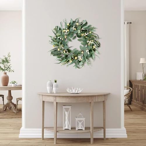 Sggvecsy Artificial Eucalyptus Wreath For Front Door 21 Inch Greenery Wreath Green Leaves Wreath With Mixed White Berries Spring Summer Wreath For Farmhouse Window Porch Wall Home Indoor Outdoor Decor thumb #4