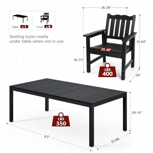 Stoog 7 Pieces Patio Dining Sets, All-Weather HIPS Material & Aluminum Frame Dining Table with 2\" Umbrella Hole, Outdoor Dining Table Set for 6, Never Rot or Fade, Black - Thumbnail 5