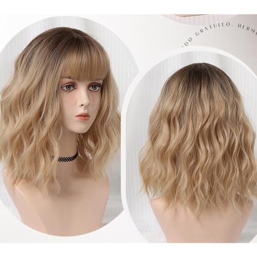 Perruque synthétique blonde thermorésistante 12 pouces avec frange