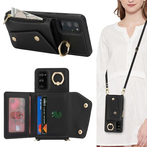 Lipvina for Samsung Galaxy S20 FE Case with Card Holder and Strap - Zipper Pocket,Crossbody Lanyard Strap,Credit Card Holder,Stand Ring,Cute Phone Wallet Case for Women(Black,6.5 Inch)