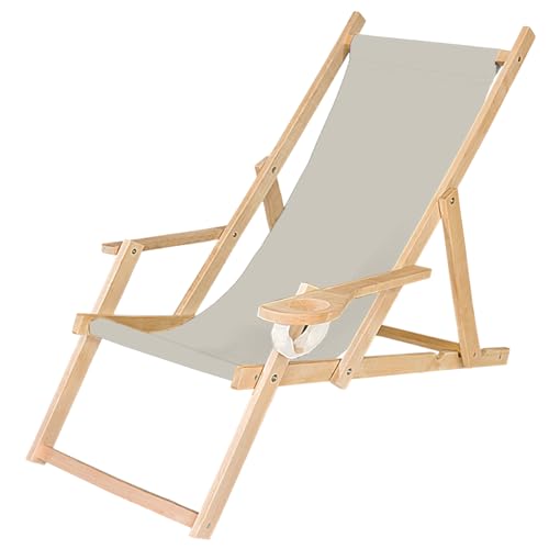 Ferocity Tumbona plegable de madera con reposabrazos y soporte para bebidas, color gris claro [119]