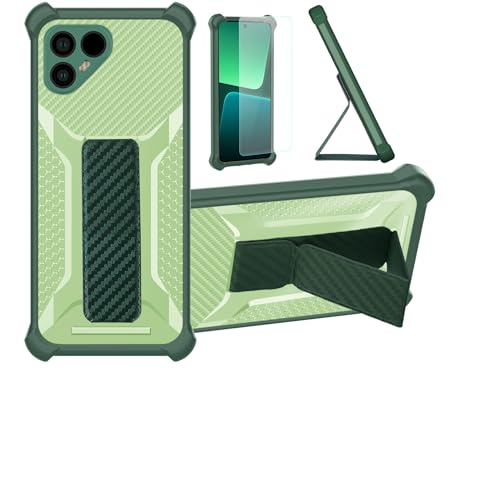Image of Aroepurt Case Compatible for FairPhone 4 5G Phone Case Cover [with Tempered Glass Screen Protector] Hybrid Case [Folding Support Magnetic] [Frosted anti-fingerprint] Green