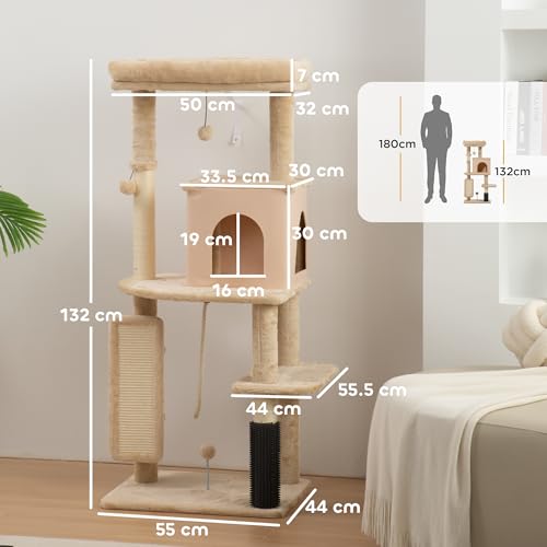 Pawhut Albero Tiragraffi Multilivello Alto 132 Cm, Palestra Per Gatti Con Casetta, Lettino Per Gatti, Pali Tiragraffi, Piattaforma, Spazzola E Pallina, Dispositivo Antiribaltamento, Beige - 7