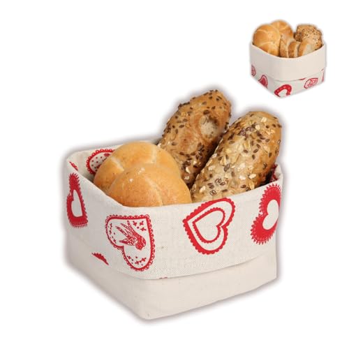 Cestino Pane in Misto Lino, Tessuto, naturhalbleinen Decorazione, Cuori, 12.5 x 12.5 x 10 cm