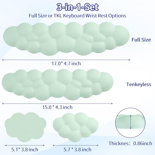Image of Sushret Cloud Wrist Rest Keyboard, Cloud Keyboard Wrist Pad Set with PU Leather Memory Foam, Cute Arm Rest for Palm Support, PC /Gaming Desk Accessories /Office Setup /Computer Hand Cushion - Light Green