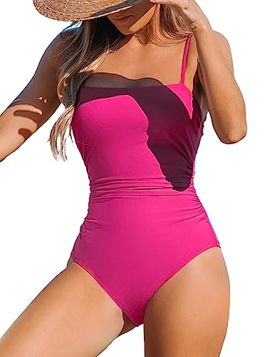 CUPSHE Women's One Piece Swimsuit Square Neck Cutout Back Tummy Control Adjustable Straps Striped Swimwear, S Magenta