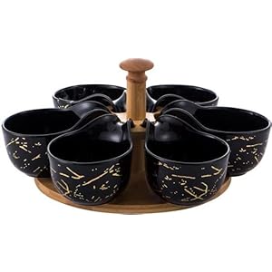 Draaiplateau hout met porselein schaaltjes – Zwart