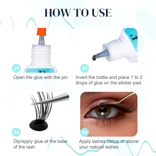 Lash Cluster Glue 1 Week Retention Sensitive DIY Lashes Extension Glue Low Fume Individual Eyelash Adhesive 5s Drying Time Waterproof Eyelashes Bond for Self Application