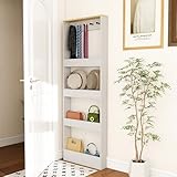 Locsear Behind The Door Bookshelf - Ultra Slim Hidden Storage Cabinet for Kids Room | 4-Tier White Wooden Bookcase with Hooks