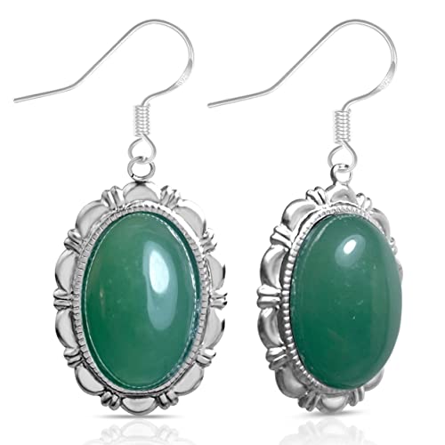 Hqfjw Healing Green Dongling Stone Aventurine Quartz Crystal Drop Earrings,S925 Sterling Silver Genuine Real Natural Oval Jade Gemstone Boho Statement Drop Earrings For Women Girls (I_Aventurine) #TOP12