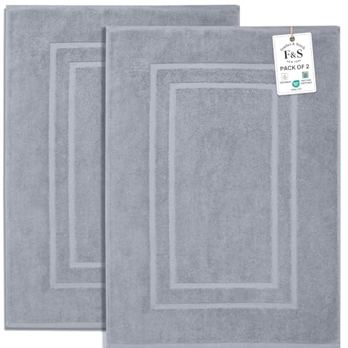 Feather & Stitch 2 Piece Towel Like Bath Mats (30x21 Inch) 100% Cotton Terry Bath Mats, Bathroom Shower Floor Mats [NOT A Bathroom Rug], Soft Absorbent Washable Mats - Grey