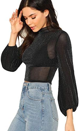 ROMWE Women's Bishop Sleeve Glitter Sexy Sheer Mesh Crop Blouse Top Black Medium