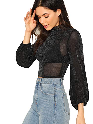 Romwe Women's Bishop Sleeve Glitter Sexy Sheer Mesh Crop Blouse Top Black Medium #TOP14