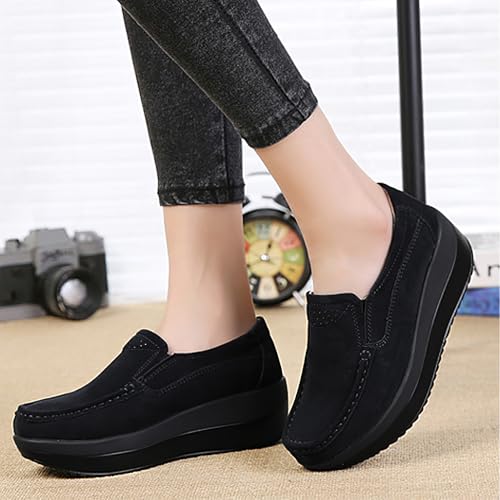 rismart Women's Walking Seankers Suede Leather Wedge Heel Slip on Trainers Shoes 6