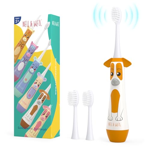 NELL&WELL [Actualización] Cepillo de dientes eléctrico para niños con temporizador de cepillado de 2 minutos, cepillos de dientes alimentados por pilas con 3 cabezales de cerdas suaves para niños y