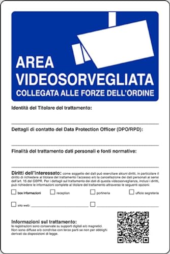Cartello Unofer 20x30cm Area Videosorvegliata Plastica Blu, Montaggio a Parete, Formale, Avvertimento