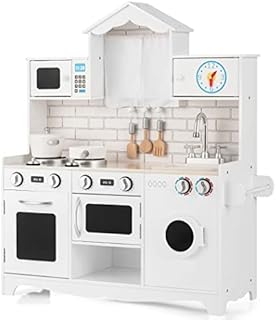COSTWAY Kids Play Kitchen Set, Classic Wooden Pretend Cooking Food Set with Cookware Accessories, Stoves, Oven, Sink, Large Storage Children's Role Play for Girls Boys (White)