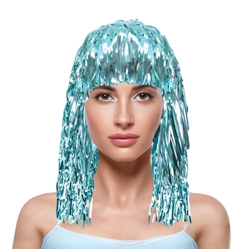 Image of KOLIGHT Shiny Tinsel Hat Wig with Fringe - Colorful Cheerleading Fan Accessory for Holiday Parties, Sports Events & Costume Decorations with Cap+Comb(light blue)