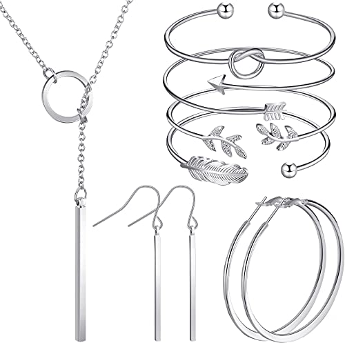 Hicarer Jewelry Set for Women Vertical Bar Necklace Jewelry Accessories Simple Bar Earrings Adjustable Cuff Bracelet(Silver)