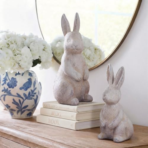 BrightRow Set of 2 Rustic Easter Bunny Decorations 9.7'' 8'' Farmhouse Spring Easter Bunny Figurines Decoration for Table Vintage Beige Resin Rabbit Statues for Home Indoor Outdoor Decor