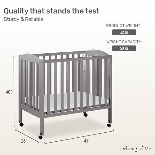 Dream-On-Me-3-in-1-Portable-Folding-Stationary-Side-Crib-in-Steel-Grey-Greenguard-Gold-Certified-Safety-Wheels-with-Locking-Casters-Convertible-3-Mattress-Heights