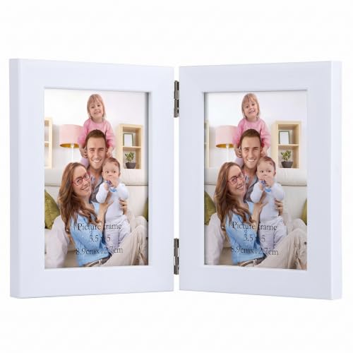 Giftgarden 3.5x5 Double Picture Frame White, Display 3.5 by 5 Photo Hinged Folding Frame for Tabletop Standing