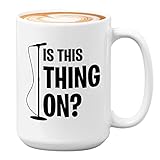 Bubble Hugs Stand Up Comedian Coffee Mug 15oz White - Is This Thing On - Comedy Comedian Jokes Roasting Punch Line Open Close Microphone Laugh Fun Sarcastic Adults