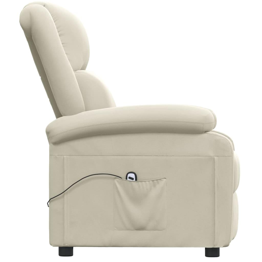 Sillón de relax eléctrico de terciopelo crema con estructura de metal y madera, motor eléctrico y 3 posiciones, con mando a distancia de 2 botones