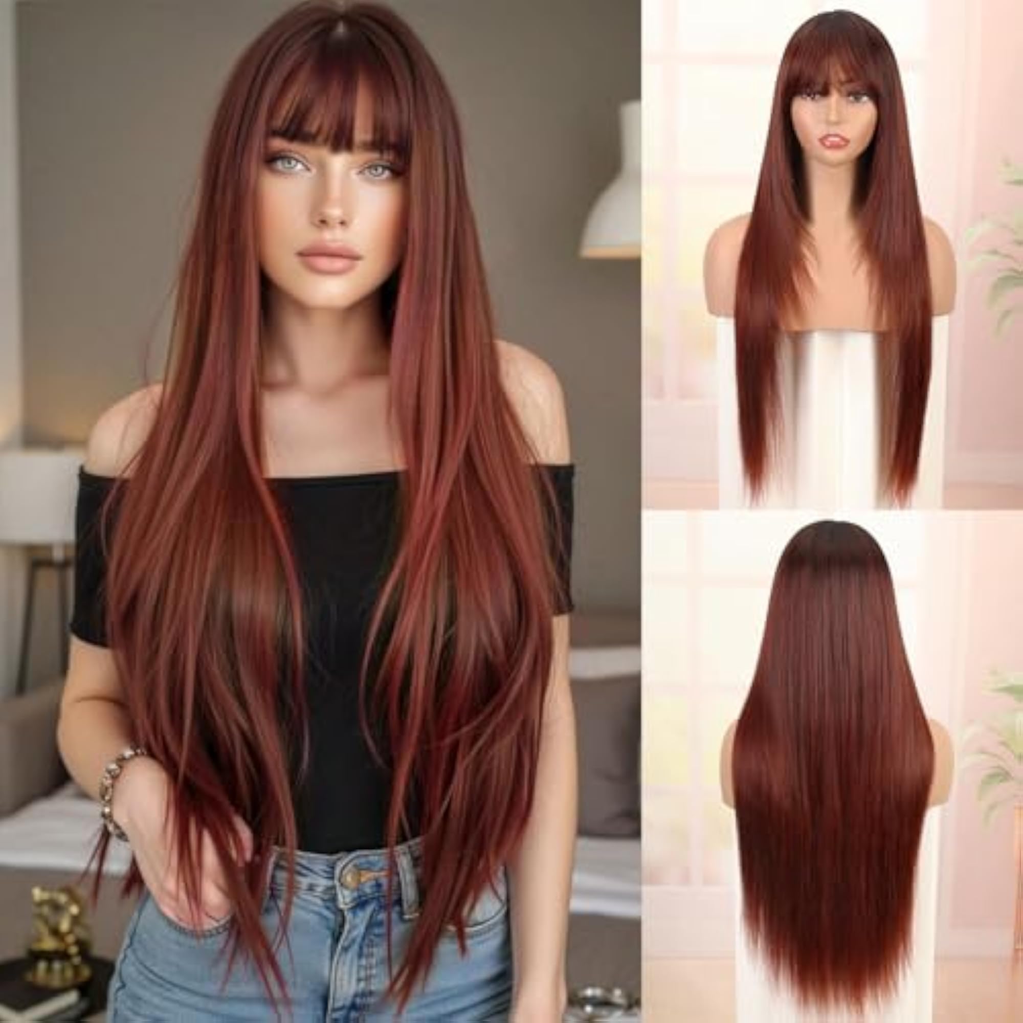 Long Straight Wig with Black Highlight Red for Women