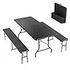 VINGLI Picnic Table Set with 2 Benches, 6 Feet Camping Table Chair Set, 3-Piece Folding Furniture for Indoor or Outdoor Use, Tree Patterned HDPE Tabletop, Black