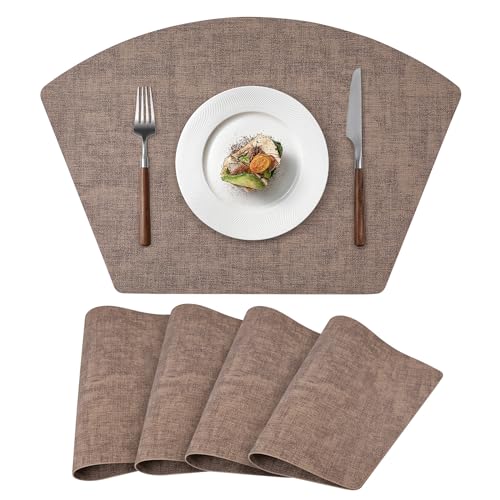 Round Table Placemats Set of 4, Faux Leather Wedge Place Mats, Brown