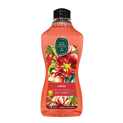 EYÜP SABRİ TUNCER Sabri Tuncer mydło w płynie, Amber Natural Olive Oil Liquid Soap 1,5 l, butelka do uzupełniania, wegańskie, bez glutenu, mydło do rąk, bursztyn, mycie rąk
