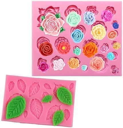 33 Cavity Rose Fondant Mould and Leaves Fondant Moulds Candy Silicone Molds for Sugarcraft, Cupcake Toppers, Soap, Resin, Crafting Projects, Wedding Party and Birthday Cake Decoration
