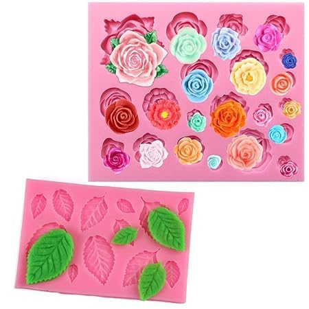 Skytail 33 Cavity Rose Fondant Mould and Leaves Fondant Moulds Candy Silicone Molds for Sugarcraft, Cupcake Toppers, Soap, Resin, Crafting Projects, Wedding Party and Birthday Cake Decoration
