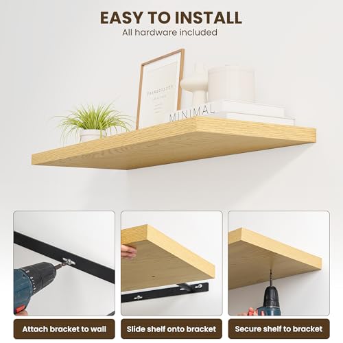 Image of Dreamland 24 inch Floating Shelves for Wall, 12 inch Deep Slim Oak Floating Shelves, Wall-Mounted Shelves for Bedroom, Living Room, Kitchen, Bathroom - Set of 2
