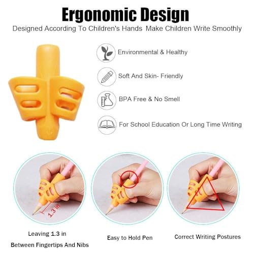 Image of WOTOFY Pencil Gripper for Kids Handwriting - Pack of 3 Pencil Holders for Posture Support - Soft Silicone Writing Aid for Toddlers, Preschoolers, Students, and Young Learners-Multi-Color Design
