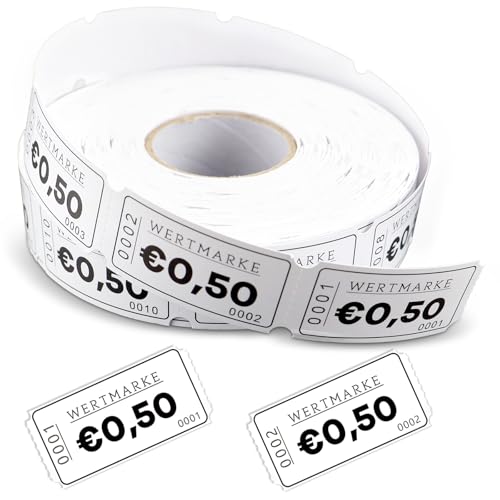 WJMY Rouleaux de jetons, 1000 feuilles, jetons pour repas & boissons, numérotation continue, facile à déchirer, pour fêtes, parcs d'attractions, pubs, mariages (0,5 euro)