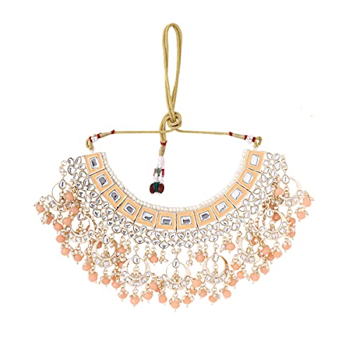 Image of Yellow Chimes Ethnic Gold Plated Studded Kundan Beads Flower Design Jewellery Set Multicolour Meenakari Choker Necklace Set for Women and Girls