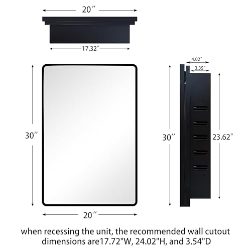 Image of 20x30 Medicine Cabinet with Mirror, Black Metal, Recessed or Surface Mount