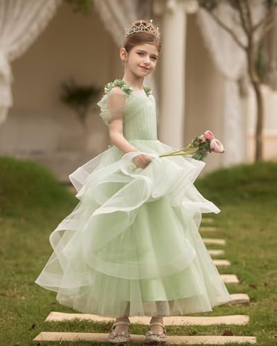 Ruffled Tulle Flower Girl Dress with Bow Knot Floral Applique Cold Shoulder First Communion Dress Spaghetti Straps Gown4