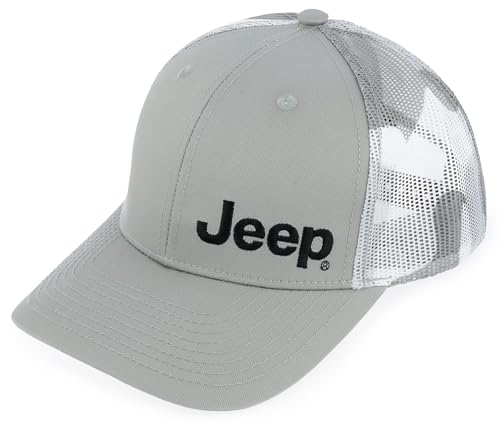 Jeep Trucker Hat Grey Snapback Cap with Black Embroidered Logo Mesh Camo Back Structured Mid-Profile