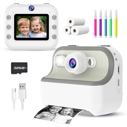 Instant Print Camera for Kids, Christmas Birthday Gifts for Girls Boys, HD Dual Digital Video Cameras for Kids, Portable Toy for 4 5 6 7 8 9 10 Year Old Girl with 3 Rolls Paper and 32GB SD Card-White