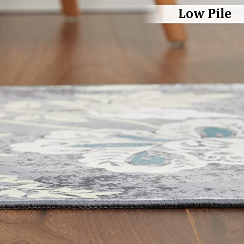 Royhome Washable Area Rug For Living Room Modern Floral Rug Non Slip Farmhouse Flower Area Rug Large Low Pile Stain Resistant Carpet Rug For Kitchen Bedroom Dining Room, 8'X10', Grey #TOP5