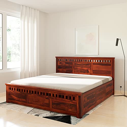 Image of Solid Sheesham Wood Kuber King Size Bed with Box Storage | Palang Cots Wooden Double Beds for Bedroom, Living Room, Hotel and Home (Honey Finish)