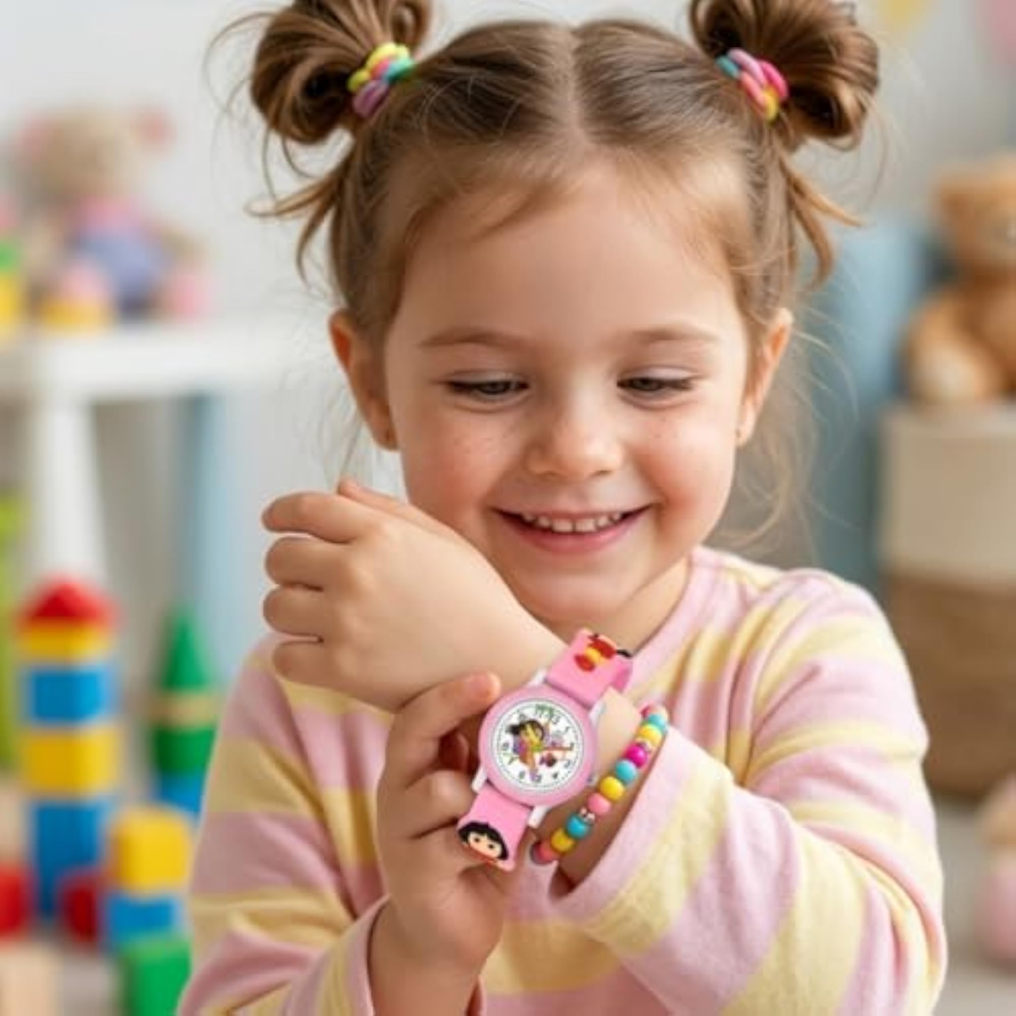 Kids' Cartoon Analog Watch with Pink Silicone Strap